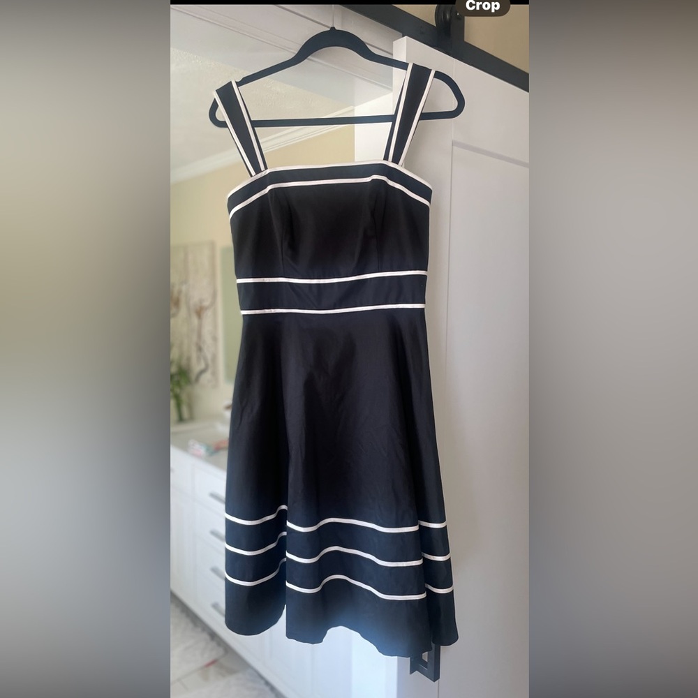 White House Black Market Strapless A Line Black Dress with White Trim